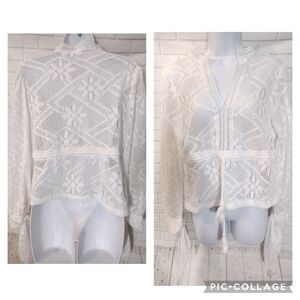 White Woven Crochet Floral Mesh Top